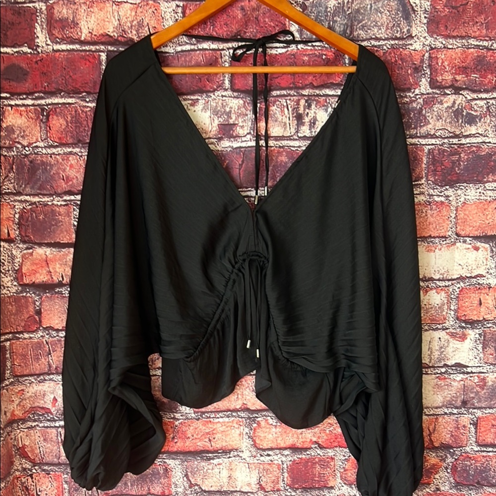 Free People Black Ruched Tie Front V Neck Satin Blouse Top XS